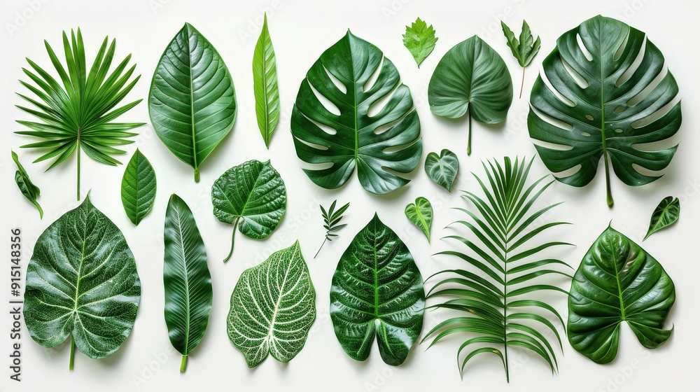 Various green leaves of different shapes and sizes are arranged neatly on a light background, highlighting their natural beauty and diversity Various green leaves of different shapes and sizes are arranged neatly on a light background, highlighting their natural beauty and diversity