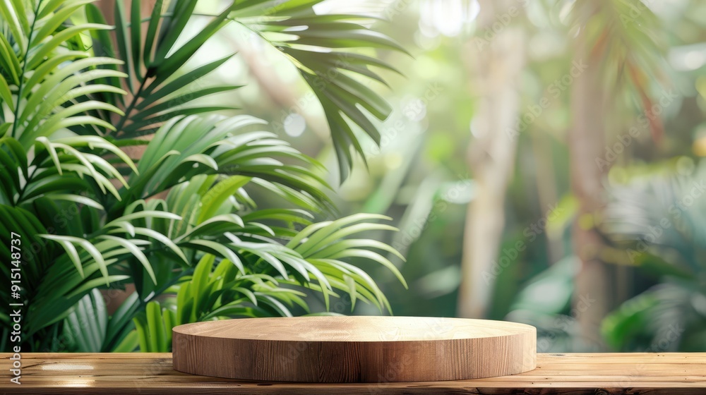 Tropical garden setting with wooden podium, blurred greenery background. Display stand in natural environment, jungle theme. Tropical garden setting with wooden podium, blurred greenery background. Display stand in natural environment, jungle theme.