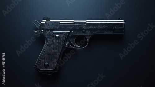 A gun is shown in a close up on a dark background