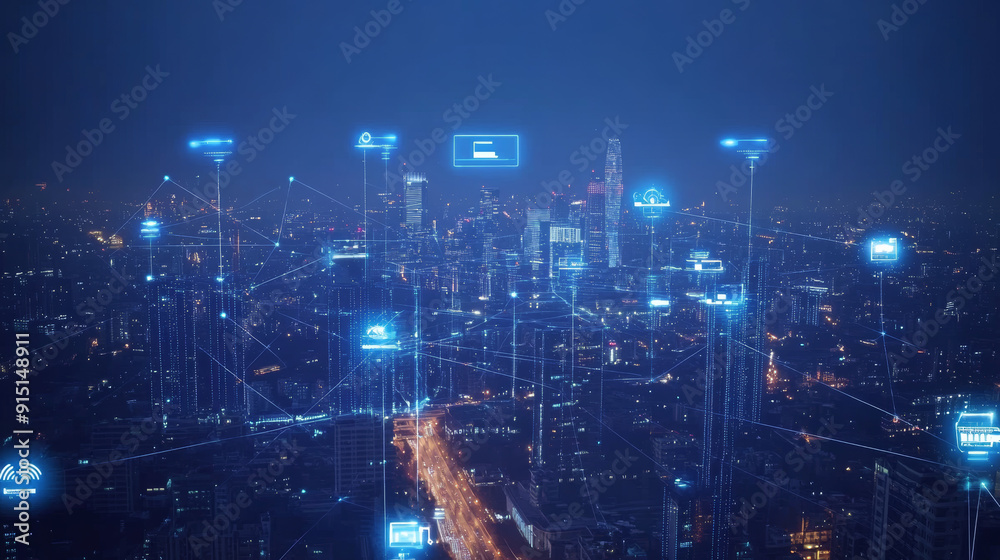 Fototapeta premium This description provides a comprehensive overview of the concept of a smart city with 5G communication networks and IoT, emphasizing the interconnectedness and advanced technological infrastructure.