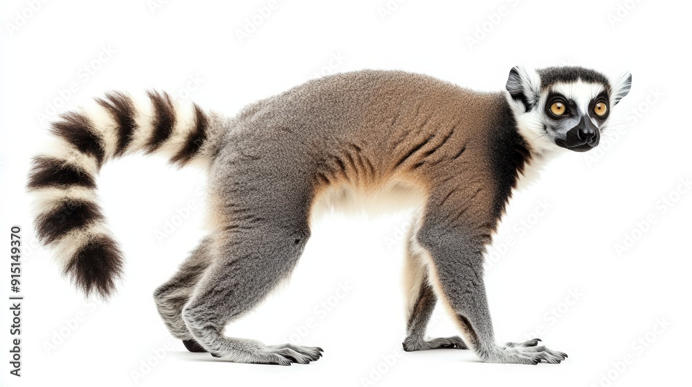 Obraz premium Curious Lemur with Tail Curled Sitting on White Background - Side Profile Shot