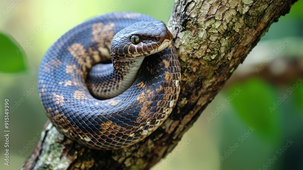 A Black and Brown Snake Coiled Around a Tree Branch A Black and Brown Snake Coiled Around a Tree Branch