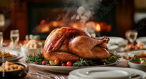 Family gathering for a thanksgiving dinner Showcasing warmth Happiness And a delicious turkey centerpiece.festive thanksgiving banner with a golden roasted turkey and trimmings on a decorated table