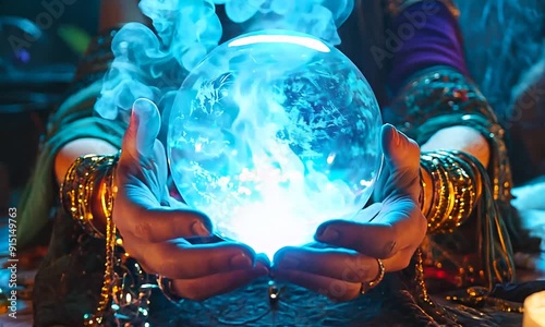 Fortune teller woman moves her hands over a magic ball. Prediction. Fortune telling, magic. Dark atmosphere, candles. Woman with long hair. photo