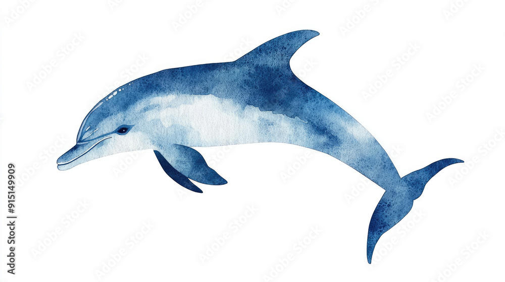 Obraz premium Watercolor Illustration of a Blue Dolphin on a White Background, Perfect for Marine Life and Ocean-Themed Designs
