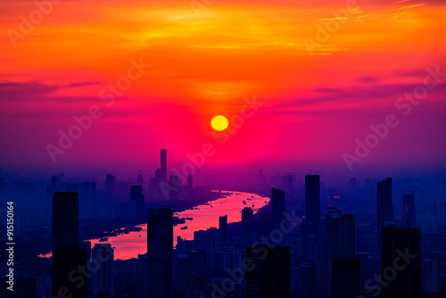 beautiful colorful sunset in the city background