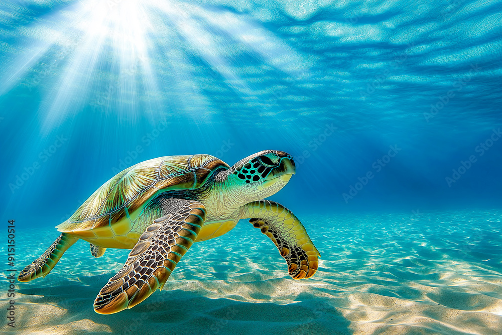 Fototapeta premium green sea turtle underwater with yellow sand on the bottom