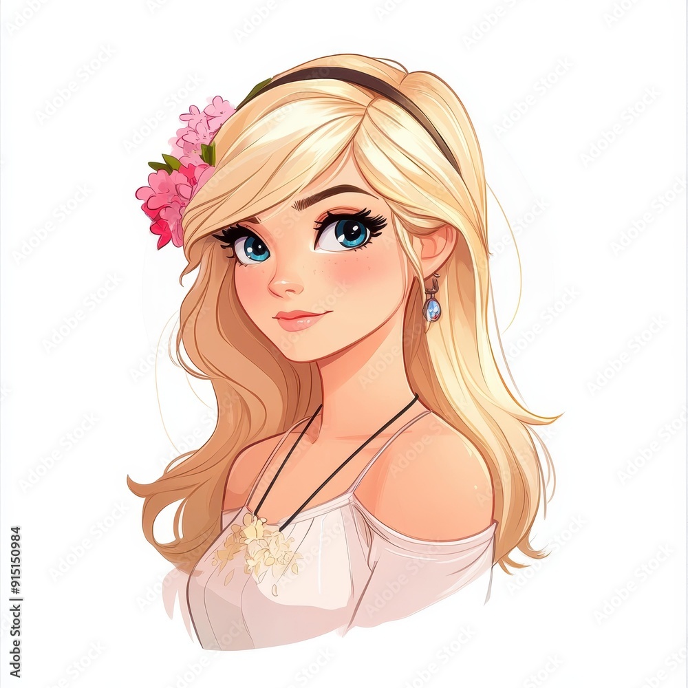 A vibrant young character with stunning accessories, surrounded by flowers on a bright white background, full of charm and youth. A vibrant young character with stunning accessories, surrounded by flowers on a bright white background, full of charm and youth.