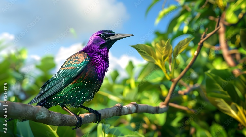 A tropical starling with shiny purple and green A tropical starling with shiny purple and green