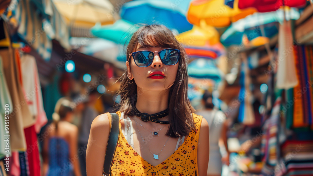 A trendy young woman walking through a bustling market flaunting vibrant black sunglasses A trendy young woman walking through a bustling market flaunting vibrant black sunglasses