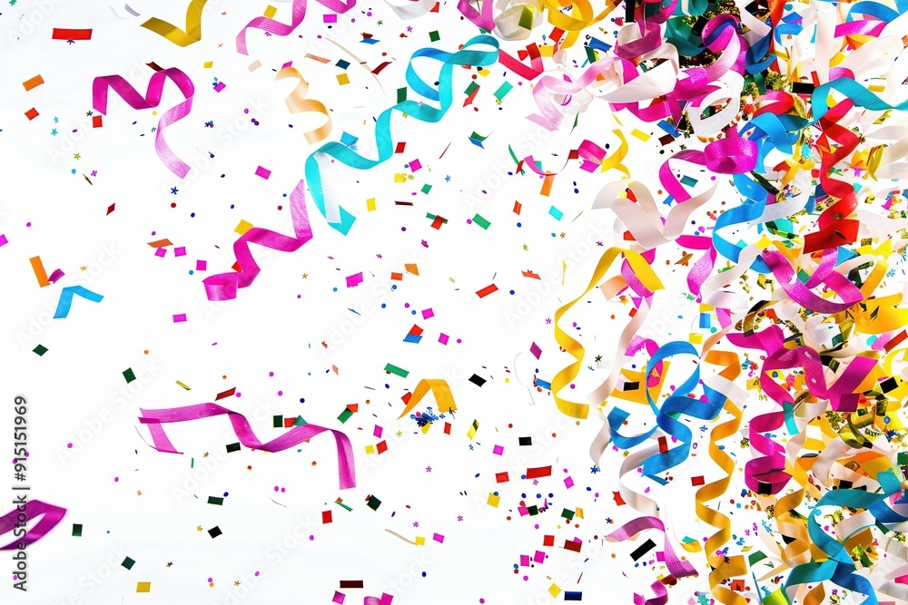 Confetti And Streamers Celebration. Abstract Art Background with Colorful Carnival Decorations Confetti And Streamers Celebration. Abstract Art Background with Colorful Carnival Decorations
