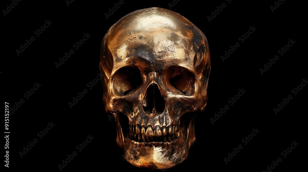 Fototapeta premium A bronze skull, weathered and glistening, sits eerily against a black backdrop, evoking a sense of mystery.