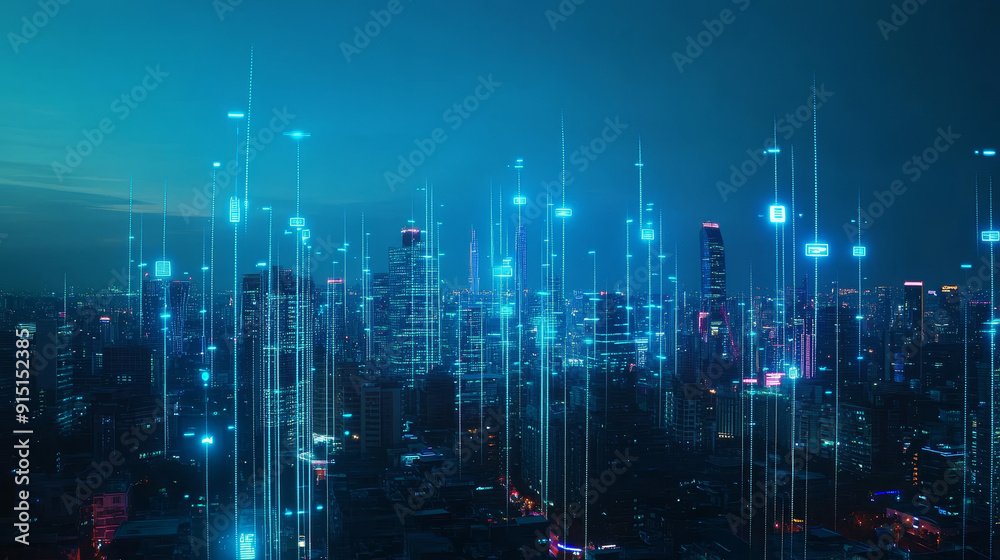 Obraz premium This description provides a comprehensive overview of the concept of a smart city with 5G communication networks and IoT, emphasizing the interconnectedness and advanced technological infrastructure.