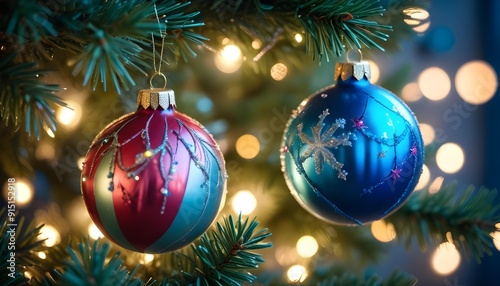Beautiful colorful ornaments hanging on a Christmas tree  showcasing a festive and vibrant holiday atmosphere.