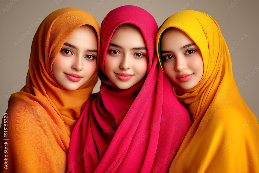 Smiling Muslim friends in bright, colorful hijabs Smiling Muslim friends in bright, colorful hijabs