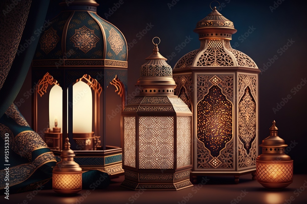 Ornate lanterns with intricate designs glowing in the dark. Ornate lanterns with intricate designs glowing in the dark.