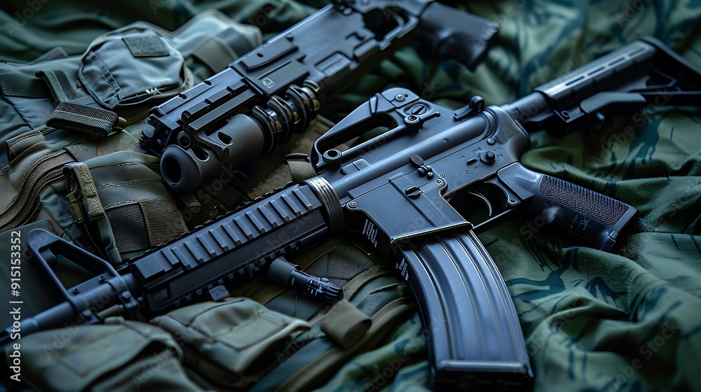 Weapons and military equipment for army assault rifle gun M4A1 and pistol on green military uniform background Weapons and military equipment for army assault rifle gun M4A1 and pistol on green military uniform background