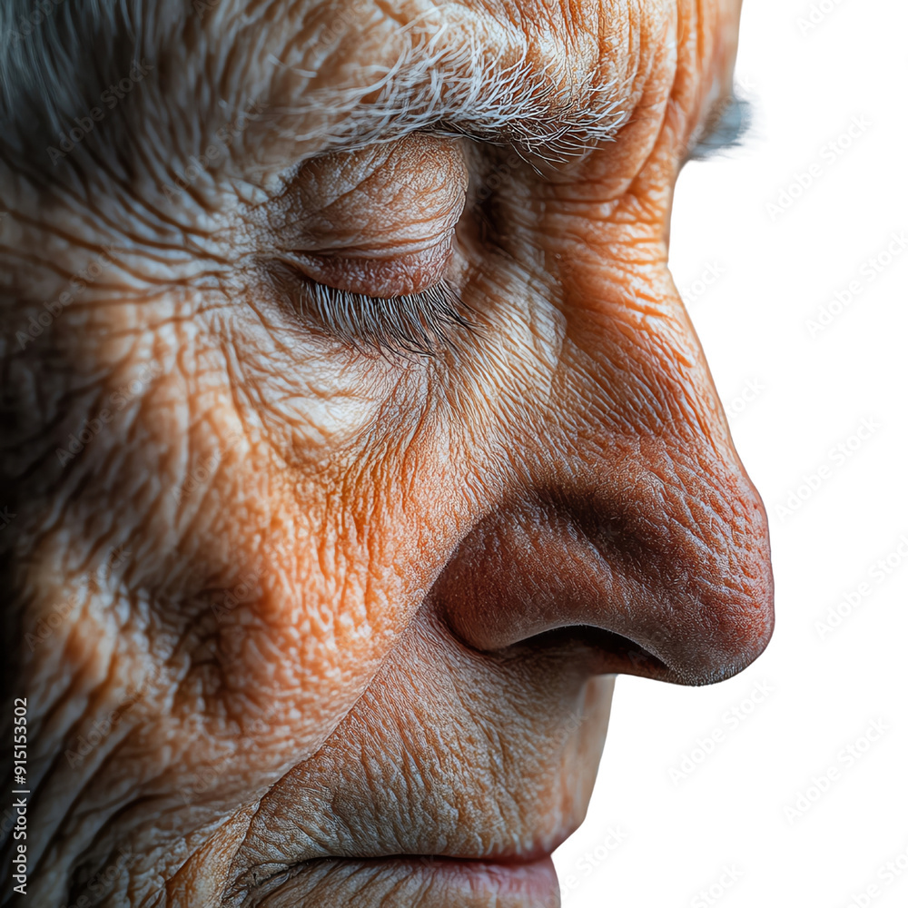 Naklejka premium Close-up of an elderly face, showcasing deep wrinkles and the beauty of aging. A profound expression reflecting wisdom and life experience.