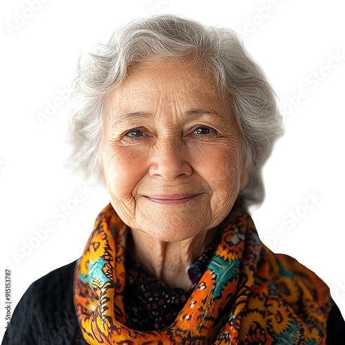 A cheerful elderly woman with silver hair smiling warmly, showcasing a vibrant scarf against a soft background. photo