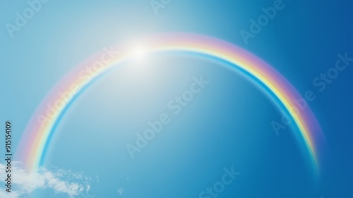 A vibrant double rainbow arches across a clear blue sky after a rain shower in the afternoon sun