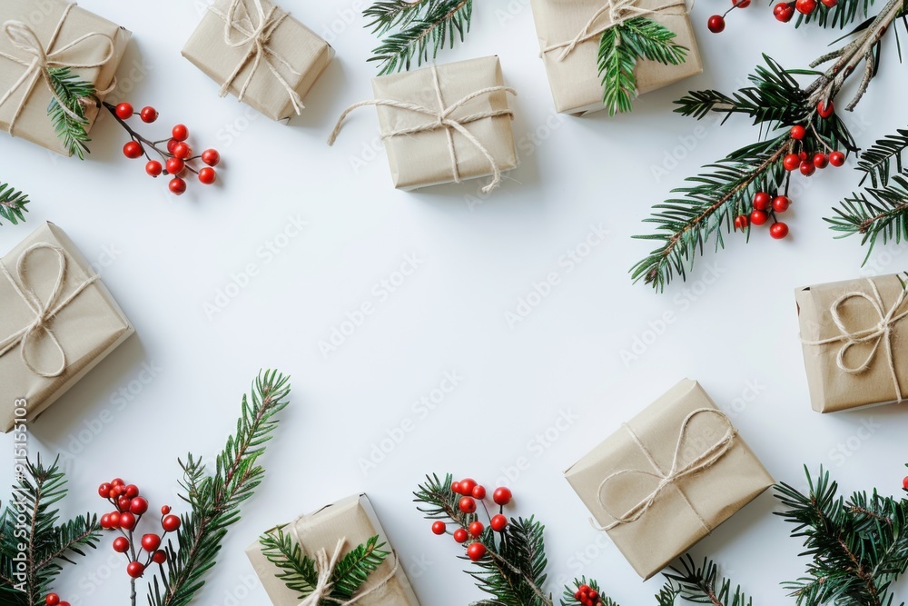 Wrapped Gifts with Fir Branches and Red Berries - Festive Holiday Wrapping and Christmas Decor Wrapped Gifts with Fir Branches and Red Berries - Festive Holiday Wrapping and Christmas Decor