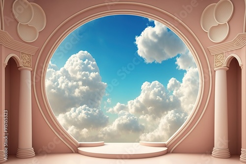 Pink archway with round window revealing cloudy sky. photo