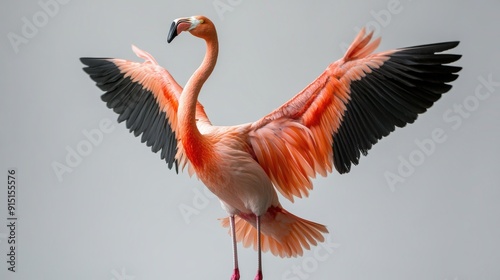 Majestic flamingo portrait with wings spread gracefully in white background landscape