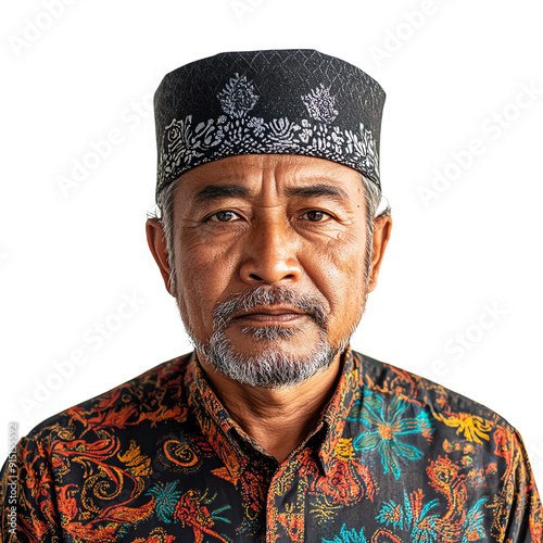 Portrait of an elder man wearing a traditional patterned shirt and cap, showcasing cultural heritage and wisdom.