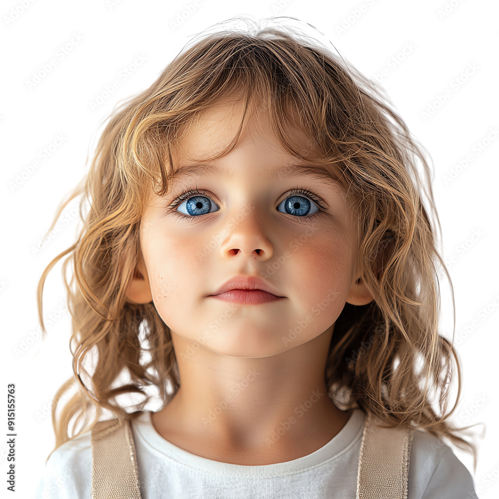 A close-up of a young child with curly hair and bright blue eyes, radiating innocence and curiosity.