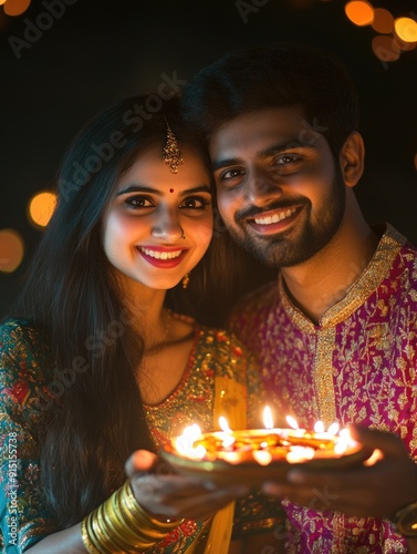 A couple holding lit diyas on a special occasion photo