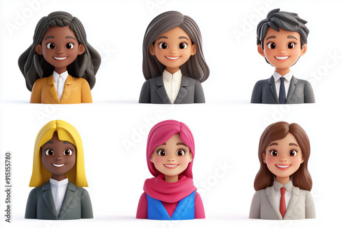 3d cute cartoon set of profile picture of various nationalities smiling business woman