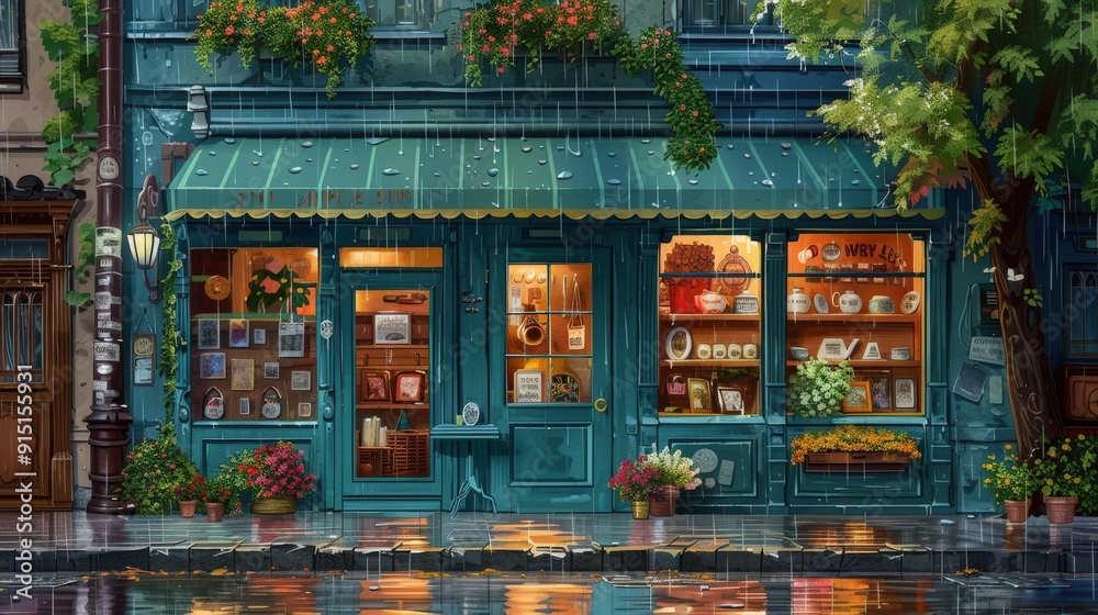 A Teal Shopfront Under a Rainy Sky A Teal Shopfront Under a Rainy Sky