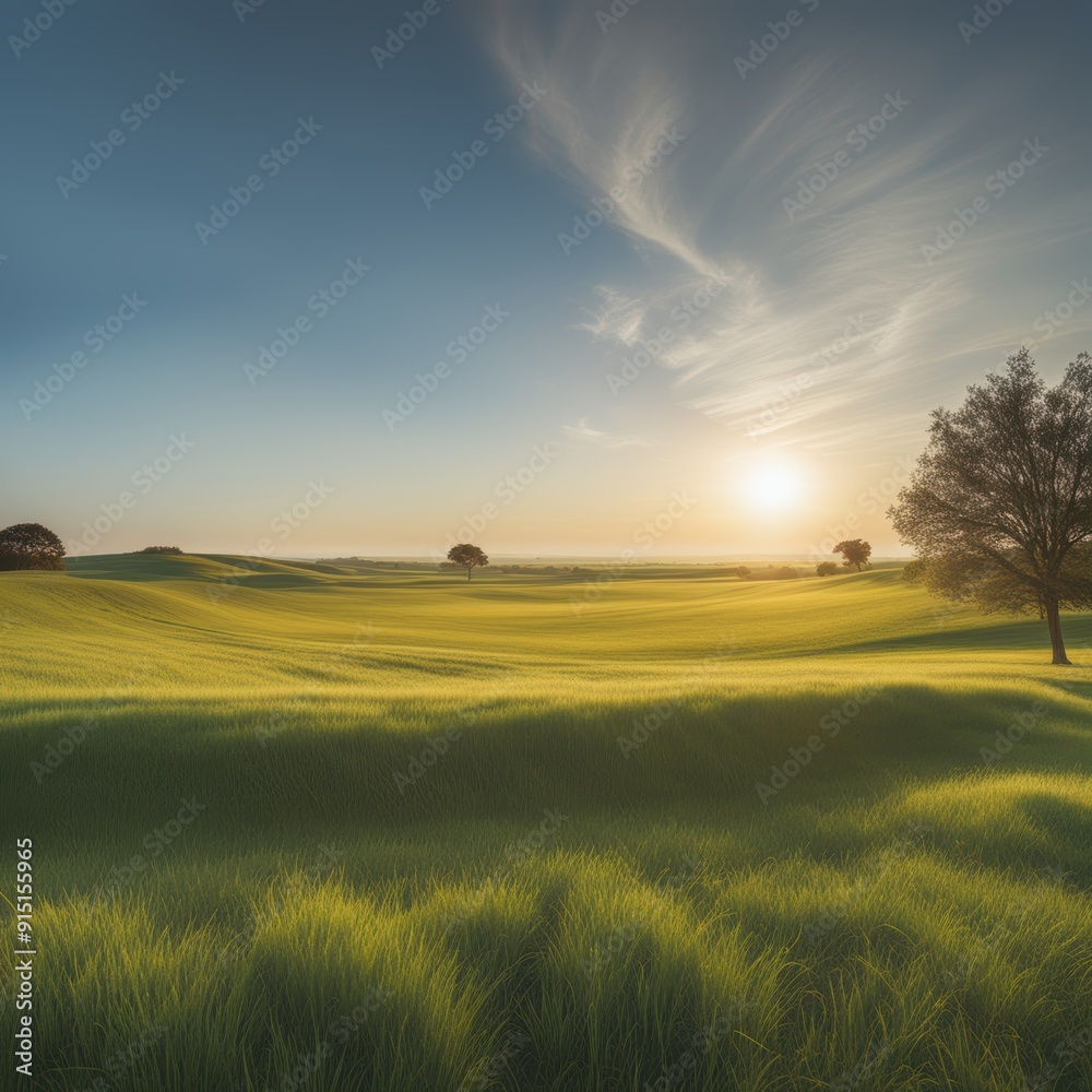 Serene rural landscape at sunrise/sunset with orange sky and golden wheat fields. Serene rural landscape at sunrise/sunset with orange sky and golden wheat fields.