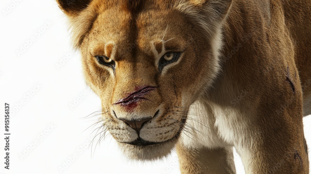 Close-up of majestic lion with distinctive scar on face on a white background