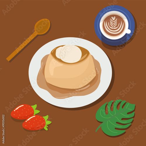 cup of coffee and cakevector illustration Japanese Caramel Custard Pudding with vanilla ice cream 