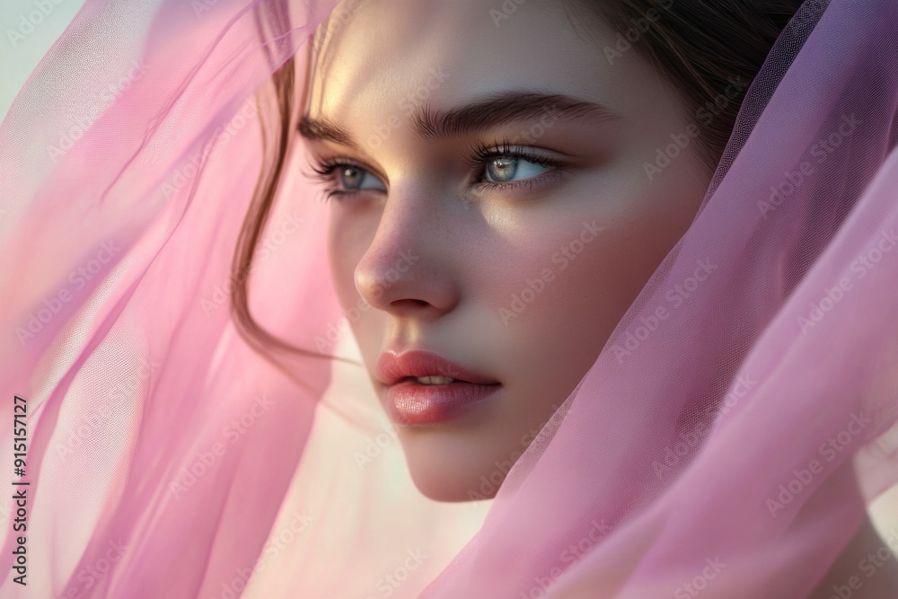Serene and Contemplative Portrait of a Young Woman in a Pink Veil, Exuding Soft Elegance for Beauty and Fashion Themes Serene and Contemplative Portrait of a Young Woman in a Pink Veil, Exuding Soft Elegance for Beauty and Fashion Themes