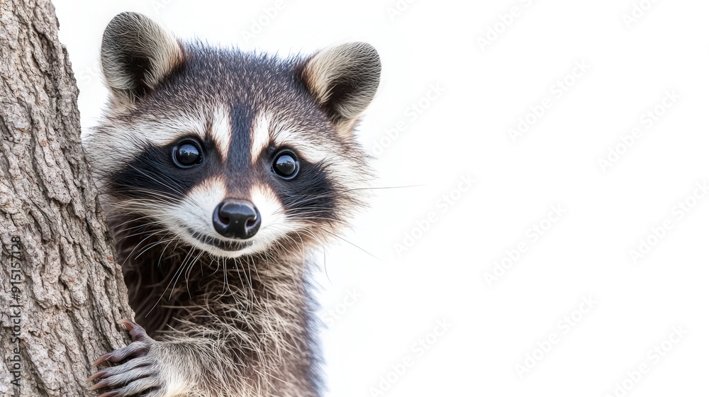 Obraz premium Curious Raccoon Peeking Out of Tree on White Background - Adorable Wildlife Close-up Portrait