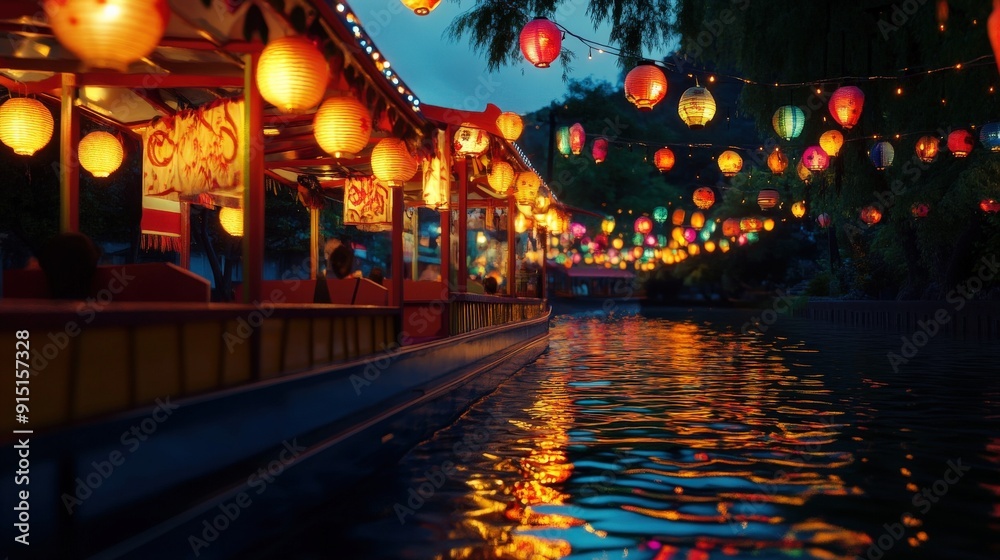 Guests embark on a riverboat ride adorned with colorful lanterns celebrating Tanabata under the evening sky Guests embark on a riverboat ride adorned with colorful lanterns celebrating Tanabata under the evening sky