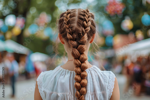 Back view of woman with plaited hair in street festival photo