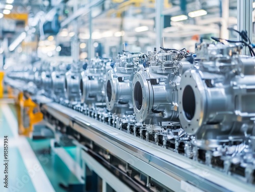 Modern car engine production line with shiny components on conveyor belt in industrial setting