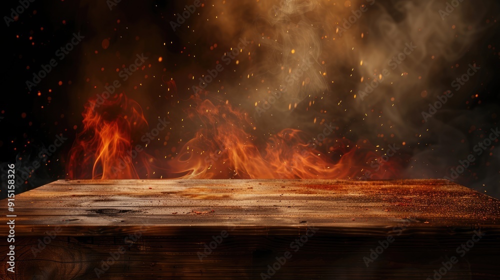 Obraz premium Wooden table with burning fire at edge, particles, sparks, smoke in air, flames on dark background for product display.