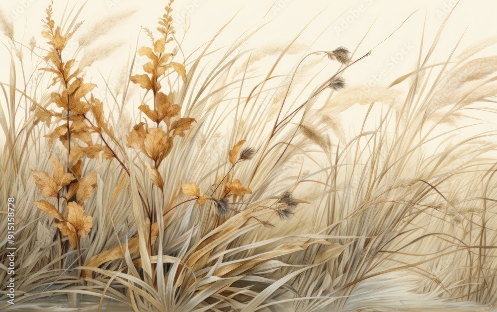 Fototapeta premium Abstract background of tall grass on a beige background. Dry soft grass with dry flowers.