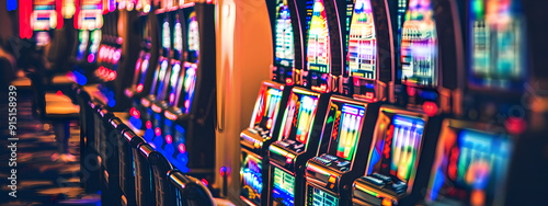 A row of colorful slot machines in a casino hall. The concept of casino gaming facilities.