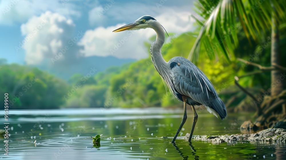A gray heron with long legs and beak A gray heron with long legs and beak