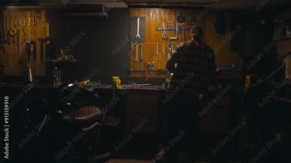 Rear view of a confident mechanic working on a workbench among many tools in his workshop Rear view of a confident mechanic working on a workbench among many tools in his workshop