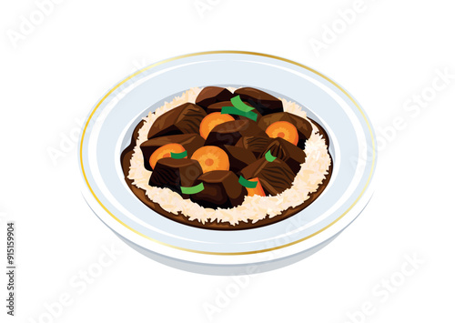 Stewed beef with rice and carrot on a plate vector illustration. Beef stew and rice on a plate icon vector isolated on a white background. Beef goulash drawing