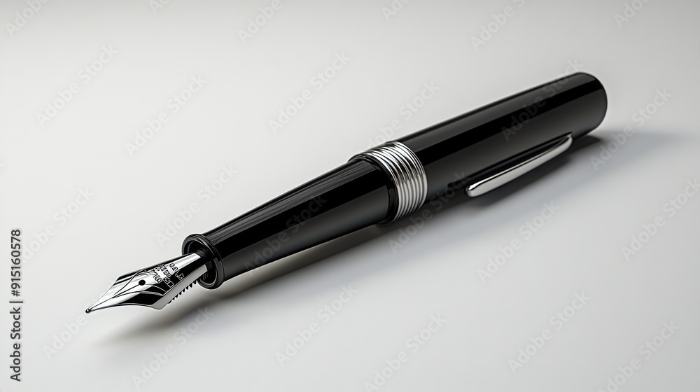 Black fountain pen with silver accents on a white background. Black fountain pen with silver accents on a white background.