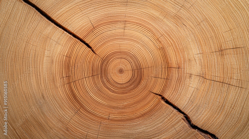Naklejka premium Close-up of tree rings on a cross-section of a trunk, showing years of CO2 absorption, natural history, warm wood tones, sharp details