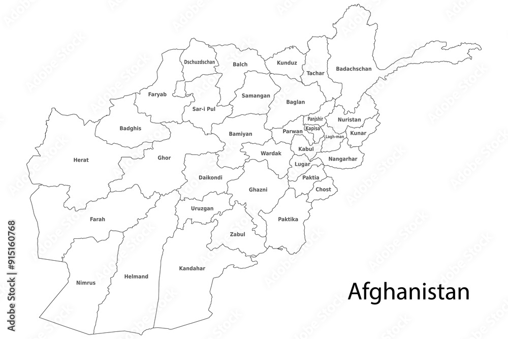 Fototapeta premium Administrative regions of Afghanistan. Province, state, division name with white map with black outline. Vector illustration