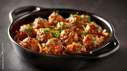 Meat balls in tomato sauce served with pasta